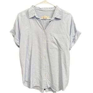 LOFT Women's Button Down Top Short Sleeve Shirt‎ Pocket Light Blue Size M